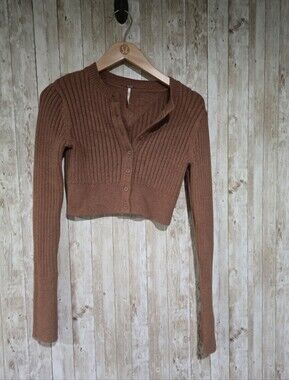 Free People Ribbed Cropped Brown Cardigan S